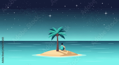 Solitude under the starry sky a serene illustration of island contemplation