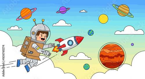 Young Astronauts Dreamy Space Mission with Cardboard Spaceship and Cartoon Planets