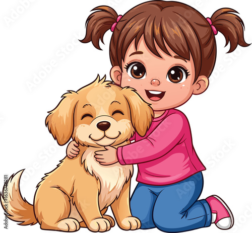 Cartoon girl happily hugging a smiling golden retriever puppy friend against a white background