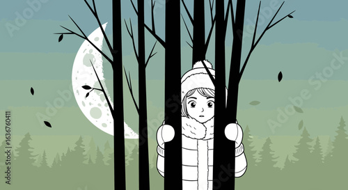 Whimsical forest scene featuring a young girl peering out from behind trees beneath a moonlit sky