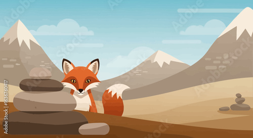 Whimsical Fox In A Mountain Landscape With Stacked Rocks Illustration