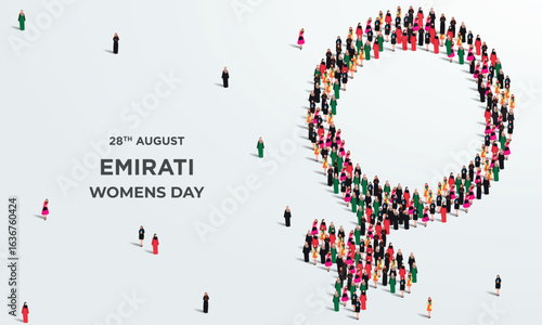 Emirati Women's Day Design with Female with Hijab Vector Illustration. Large group of Emirates womens form female symbol. Emirati Womens Day Template. 28th of August. 