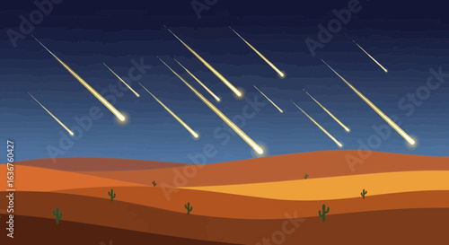 Spectacular Meteor Shower Over Arid Desert Landscape At Night For Astronomy Enthusiasts