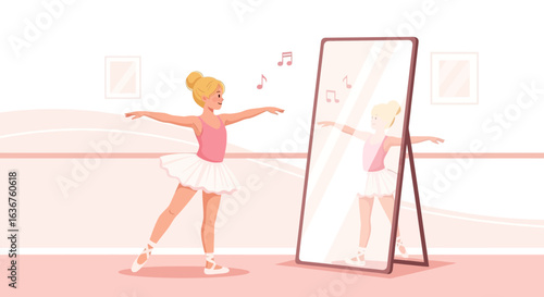 Young Ballerina Practicing Graceful Moves in Front of Mirror with Musical Notes