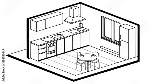 "Minimalist black and white vector layout of a modern kitchen seen from overhead. Features a small symmetrical dining area, cabinetry, stovetop, sink, oven, and an exhaust hood, all in a clean, unclut