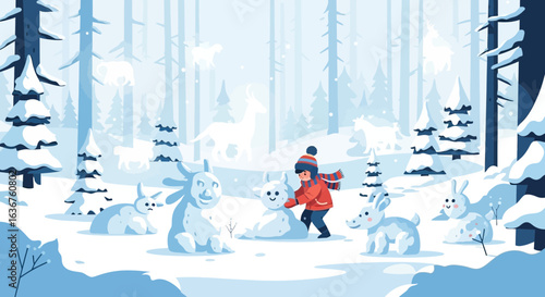 Winter Fun Child Building Snowmen in a Forest of Fantasy Animals