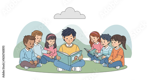 Story Time Under The Cloud Teacher Reading To Elementary School Students Outdoors
