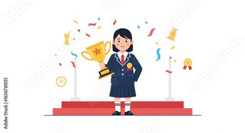 Student Achievement Cartoon Holding Trophy Celebrating Academic Excellence and Win