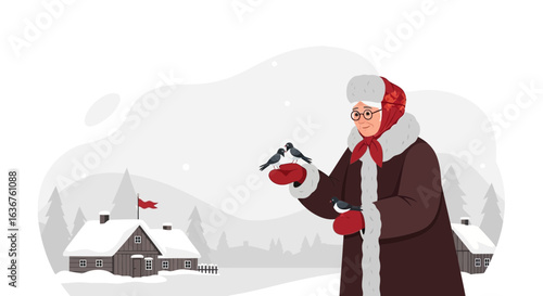 Winter's Grace: Grandmother Shares Affection with Feathered Friends in Snowy Landscape