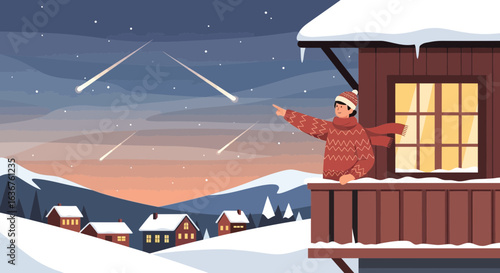 Witnessing Celestial Event From Winter Cabin Balcony Under Falling Meteor Shower