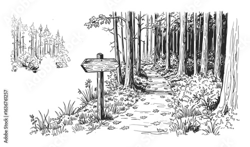A detailed ink drawing of a forest path leading to a wooden signpost with a bird perched on top silhouette
