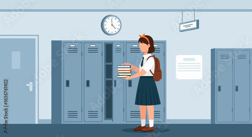 Student Holds Books in Hallway Before Class in Uniform with Backpack and Lockers