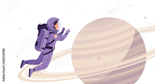 Woman Astronaut Exploring Galaxy Adventure With Planet In Outer Space