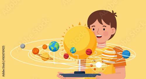 Young Boy Explores Solar System Model Science Education Enthusiasm Astronomy Concept
