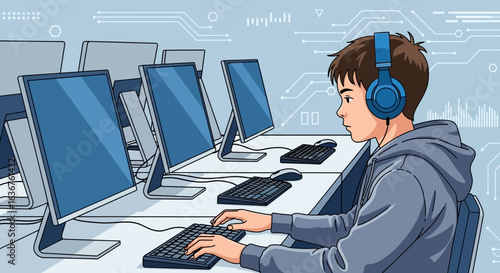 Student Learning Coding in Computer Lab with Headphones on Technology Theme