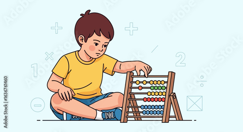 Young Boy Learning Mathematics with Abacus Education Elementary School Concept