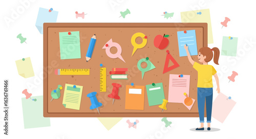 Student Organize Notes on Bulletin Board In Classroom For School Project