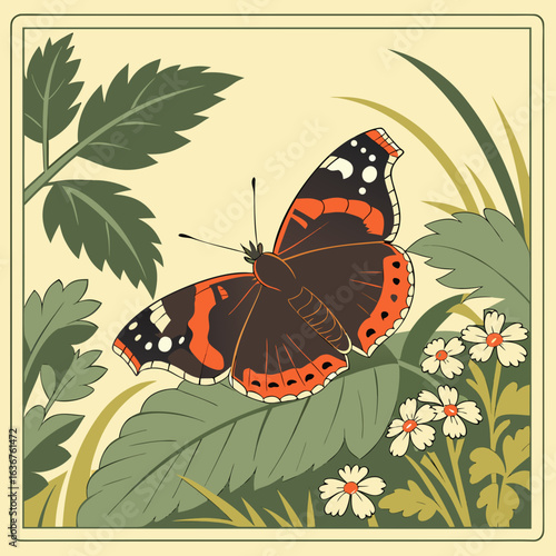 Hand Drawing Collectible vintage illustrated 'Butterflies and Moths'  here depicting a Red Admiral butterfly in its native habitat  illustration drawing. 