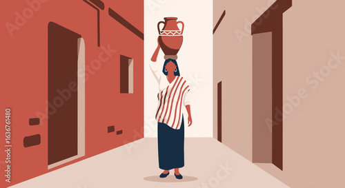 Woman Carrying Water Pot On Head Through Narrow Street In Village