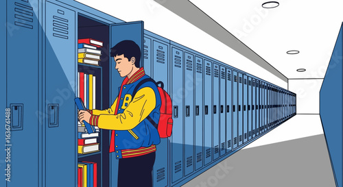 Student Organizing Books In School Locker Illustration For Education Concept