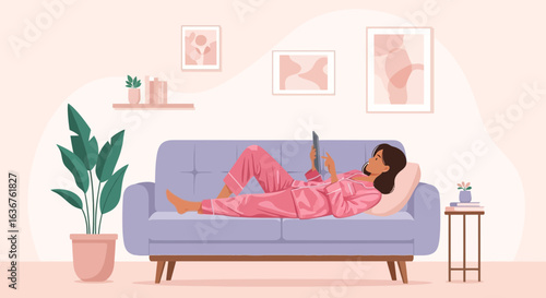 Woman Enjoying Leisure Time on The Couch at Home Reading a Digital Tablet