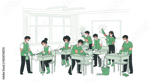 Students Wearing Masks Disinfecting Desks in Classroom for Safety During Epidemic