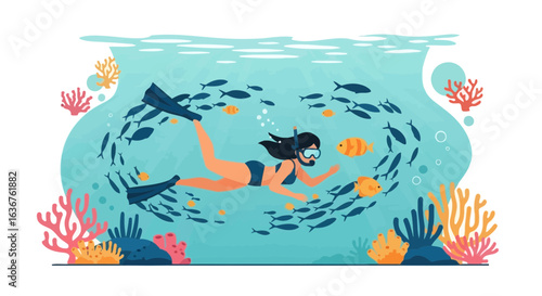Woman Enjoying Snorkeling Among Vibrant Reefs And School Of Fish