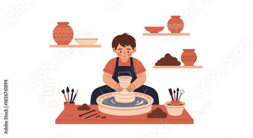Young Craftsman Creates Pottery In His Workshop Skillful Sculpting Process