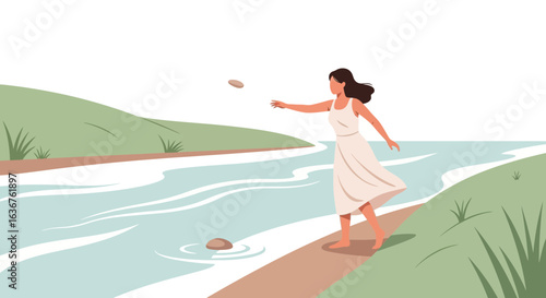 Woman Enjoying Summer Time Tossing Stones on the Lake Beautiful Scenery