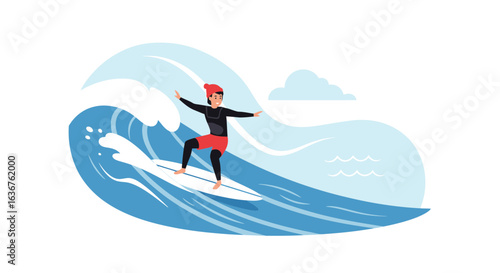 Surfer Riding A Big Wave With Confidence On A Bright Sunny Day