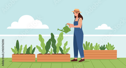 Woman gardening watering plants in planters on a rooftop terrace garden scene