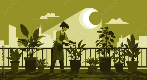Woman Gardening on Balcony with Cityscape at Night Illustration Scene Flat Design