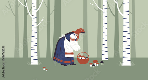 Woman Gathering Mushrooms In A Birch Forest In Folklore Style Graphic