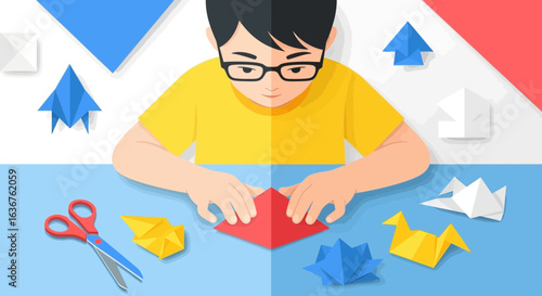 Young Enthusiast Creating Artistic Origami Figures At Home Leisure Activity