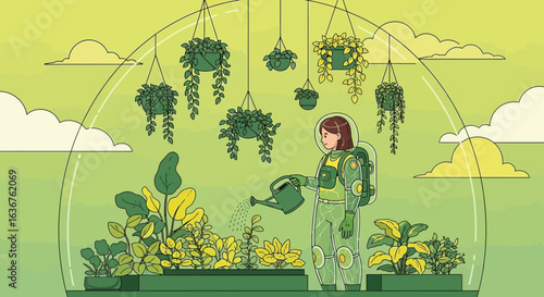 Sustainable Future Astronaut Nurturing Greenery In Biodome Illustration Concept Art