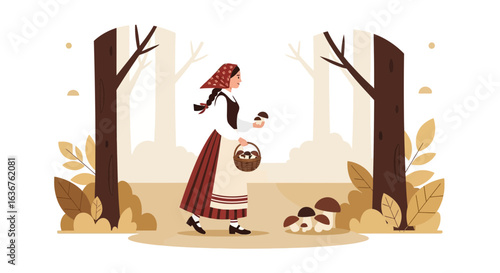 Woman Gathering Mushrooms In Forest Cartoon Illustration Vector Graphic