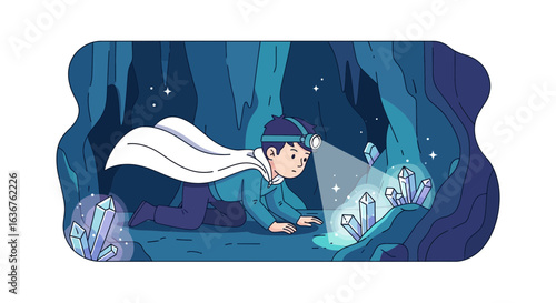 Young Explorer Discovers Sparkling Crystals Deep Inside Cave Adventure