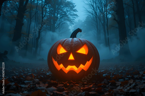 Eerie Halloween Pumpkin Glowing in a Misty Forest at Night