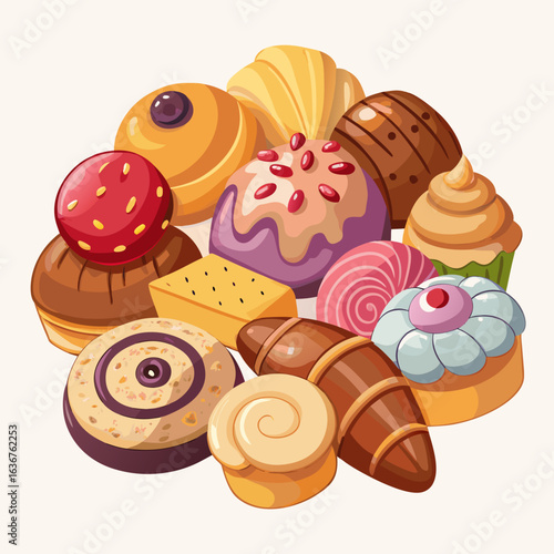 Assorted Colorful Pastries Vector Illustration on White Background