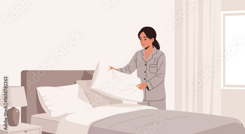 Woman In Pajamas Making Bed At Home In A Minimalist Interior Design