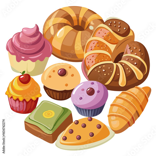 Assorted Colorful Pastries Vector Illustration on White Background