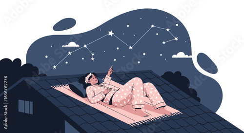 Woman in pajamas stargazing on a rooftop terrace under the night sky full of stars