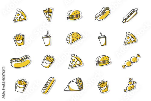 Drawn Delights: A vibrant collection of fast food icons, meticulously hand-drawn to celebrate the playful essence of culinary classics. 