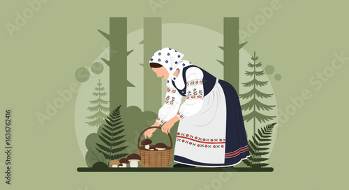 Woman In Traditional Dress Gathering Mushrooms In A Forest Illustration