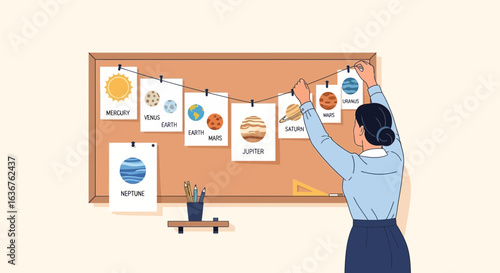 Teacher Hanging Planet Illustrations On Bulletin Board For Astronomy Lesson