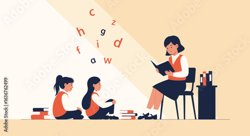 Teacher Reads to Students, Encouraging Literacy and Education Through Storytelling
