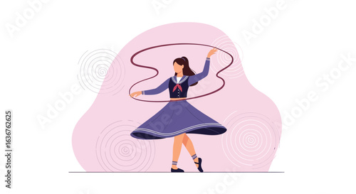 Young Female Gymnast Performing Rhythmic Gymnastics With A Ribbon Vector Illustration