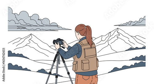 Woman Photographer Capturing Majestic Mountain View Landscape With Professional Camera