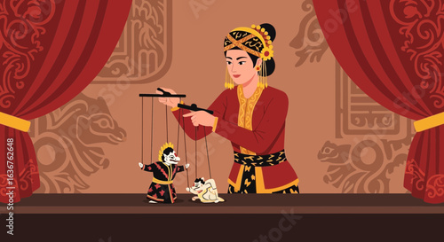 Woman Performing Traditional Indonesian Wayang Kulit Puppet Show Illustration