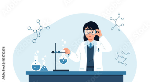 Young Female Scientist Conducting Experiments In The Laboratory With Safety Glasses